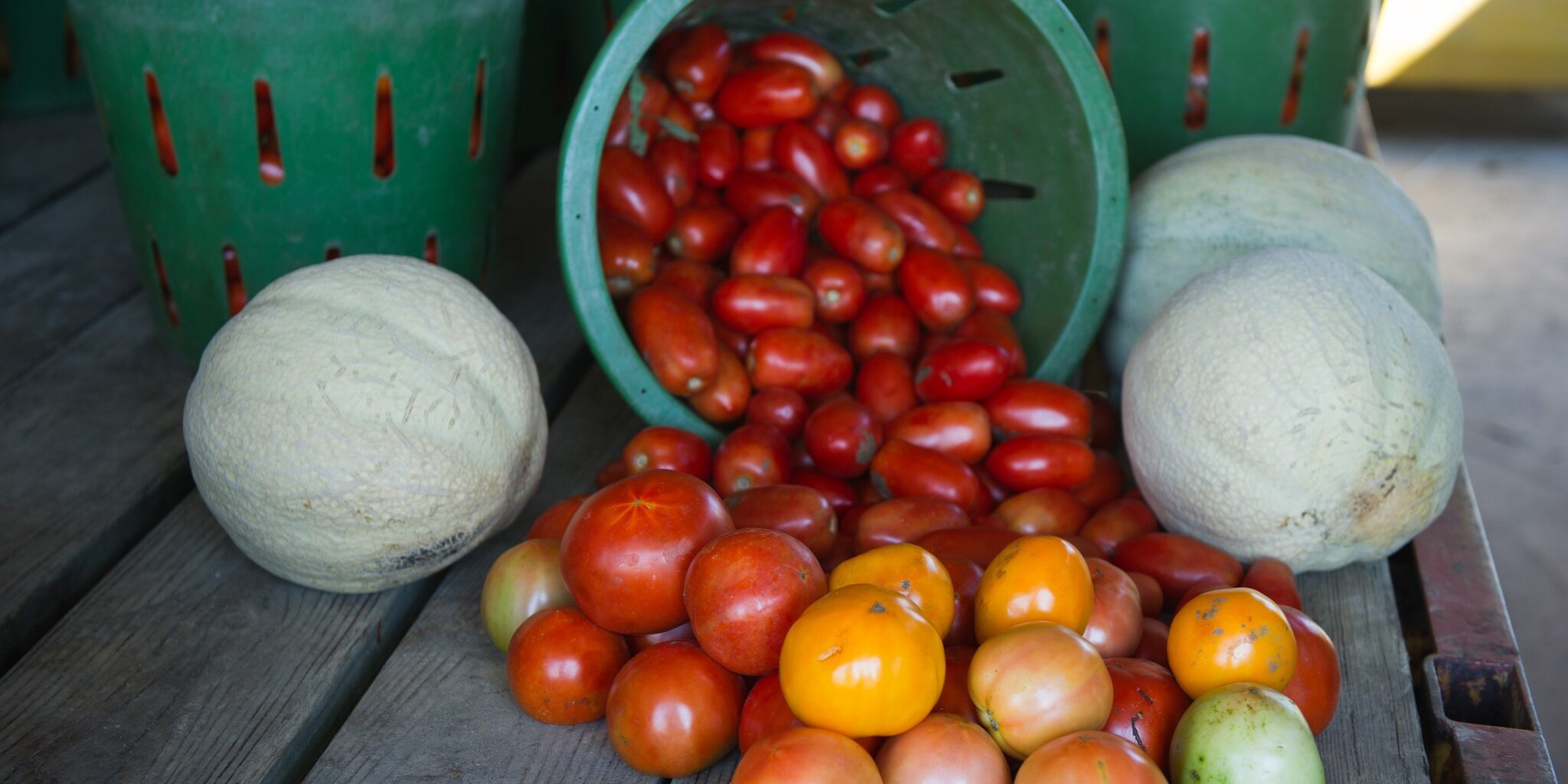 Fresh tomatoes and melons displayed in baskets